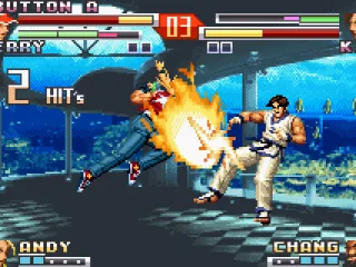 Kim Kaphwan's air jump being successfully intercepted by Terry Bogard's Power Dunk move.