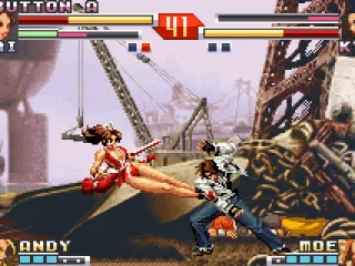 Mai Shiranui and Kyo Kusanagi executing a Body Toss Attack simultaneously.