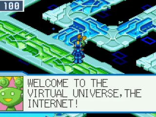 A program greets Mega Man