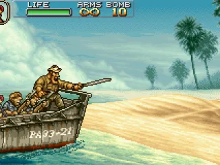 Disembarking of a ship, the troop is ready for the mission.