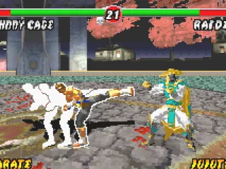 First battle in progress: Johnny Cage tries to attack Rayden using his fast-speed move Shadow Kick.