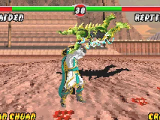 Rayden torturing Reptile through the expansive strength of his electric sparkle-based move Shocker.