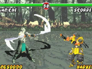 With some quick steps, Scorpion escapes at time to avoid be struck by Quan Chi's Winged Strike move.