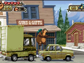 To go ahead, Boog must to jump-avoid a truck and a car.