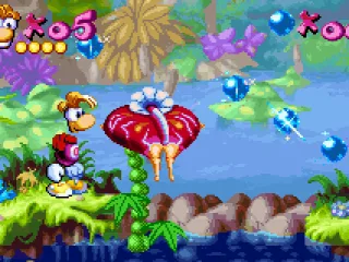 Rayman is now about to jump around a plant to collect some tings...