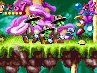 Rayman is ready to use his punch against a group of both Tall and Small Livingstones!