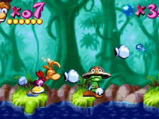 Rayman must punch-beat a Small Livingstone in his way: and he is about to get it!