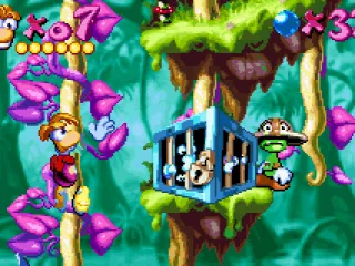 While climbs in a vine, Rayman waits the time to break a Small Livingstone-watched Electoon cage.