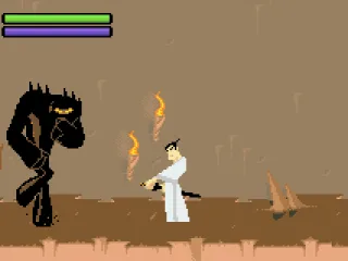 Fighting a monster in a cave.