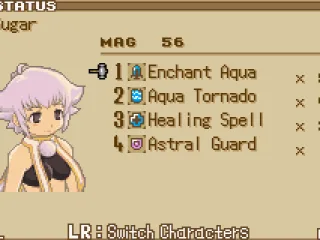 Your Guardian Beast's status screen shows the equipped magic and support spells and items