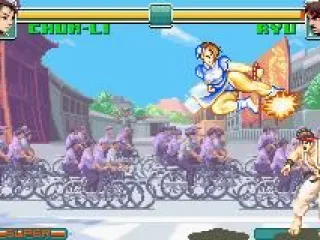 Chunli jumping-kicks Ryu