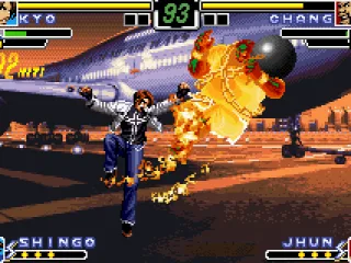 After Chang be jumped over Kyo, he quickly strikes back using his anti-air move 100 Shiki: Oniyaki.