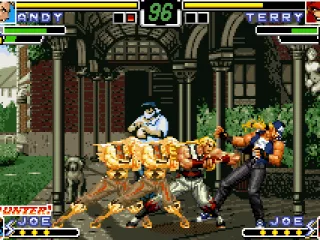 Andy Bogard attacks Terry using a single and strong frontal hit of his elbow-based move Zan'ei Ken.