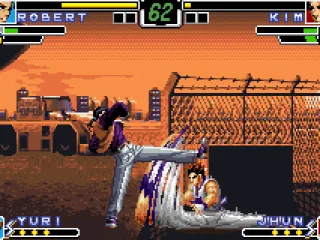 Kim attacks Robert with his Hangetsu Zan, but he quickly uses the Defense Cancel Attack to annul it.