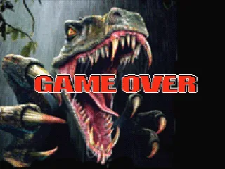 Game Over screen with a hunger and big-toothed dinosaur .