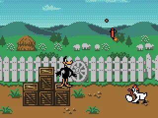 Daffy chucks a stick of dynamite at a chicken that's rolling eggs at him.