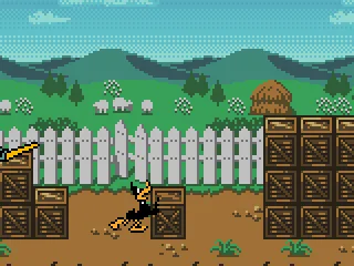 Daffy pushes a crate so he can jump to a high ledge.