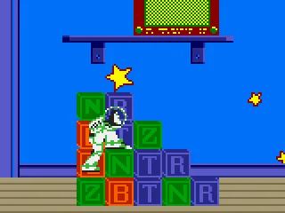 Buzz uses a stack of letter blocks to access more easily a high platform.