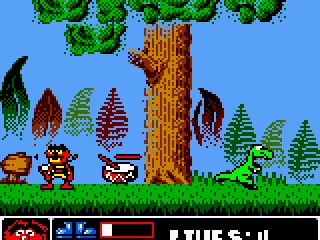 The prehistoric level. You are shown the lives left, the drum sticks left and the special move gauge. The drum in front of you increases your drum sticks gauge