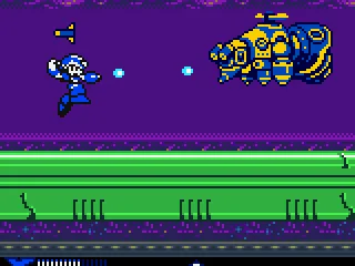 Blasting the X-Buster in a big flying droid: pay attention and avoid its missiles!