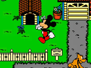 Mickey is in front of Pluto's doghouse