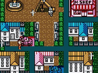 Town overview; you can go to the model shop, your house and to the playground to meet opponents, for example.