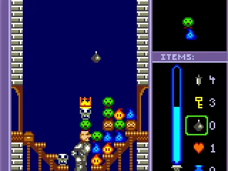 Using a bomb to blow away the blocks so that the crown falls on the knight's head