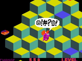 Q*bert is being hit by an enemy.