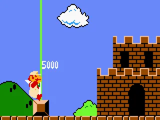 Jumping and grabbing the flagpole, Mario finishes Level 1-1 scoring 5.000 points.