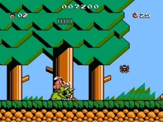 Riding a green dinosaur.