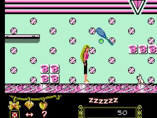 Barbie in the sports shop in the mall.  She has to throw a crystal to that dog so he'll take the tennis ball that's bouncing in front of her and blocking her way.