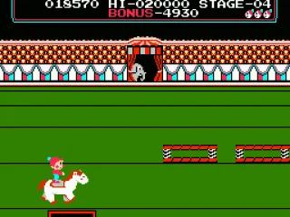 Ride the horse while bouncing on the trampolines