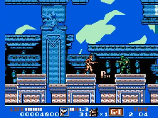 Fighting some Halo looking solders in some ruins. Note the “Pow”; pick this up for weapon upgrades.