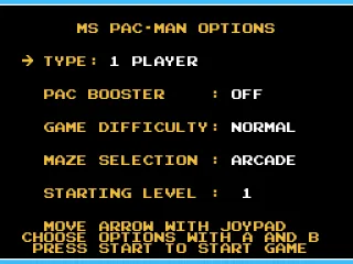 Options screen (Tengen version)