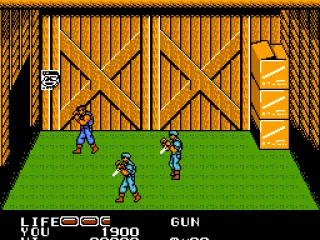 Inside a hut, new weapon powerup on the left.