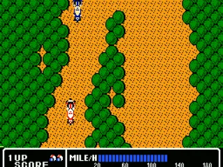 Racing through a forest area.