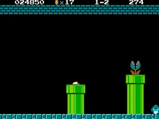 Mario slips down a pipe; a piranha plant slips out of another.