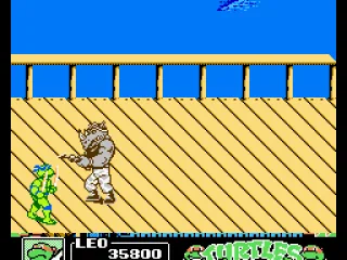 The bosses are monochromatic in this game, as they were in TMNT 2. Here is Rocksteady.