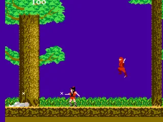 Kage tosses throwing stars while red ninja sneaks up