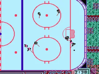 Two players fighting for the puck