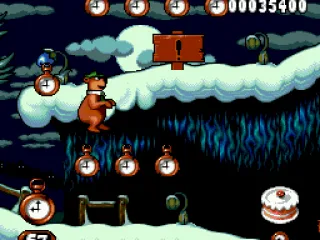 Before hitting the checkpoint plate, Yogi Bear decides to collect some more floating clocks...