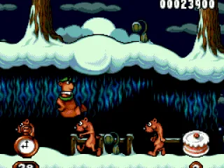 To escape from the danger, Yogi jumps above a row of weasels... and he's about to stomp one of them!