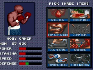 Between fights, you can choose three types of training to improve your fighter abilities.