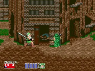 The dwarf threatens the poor green mage in a village