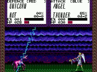 An angel casting a spell against a unicorn.