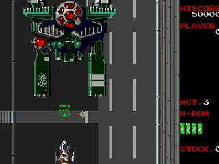 Facing the Act 3 Boss on the highway under the shadows of tall buildings