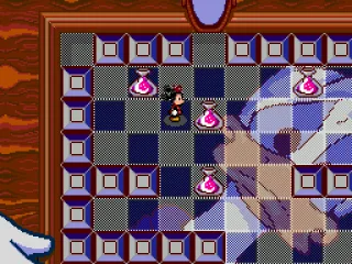 As she gets shrunk, Minnie has to push potion flasks into the magic mirror, so Donald can use the potions to make a powder and bring her back to normal.