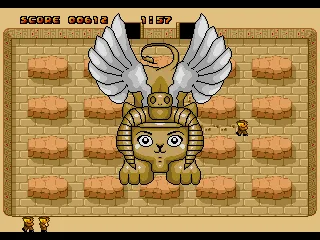The first boss! This sphinx obscures the player's view, and will swoop down to attack.