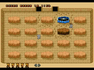 Walking around a sarcophagus opens it; there are several different possible contents. The player needs to collect at least a key and one treasure to exit.