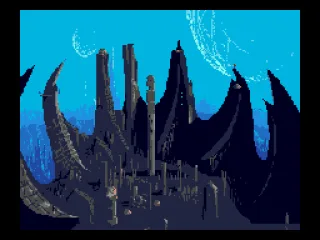 The alien cityscape, as seen through a window at the top of the prison block.